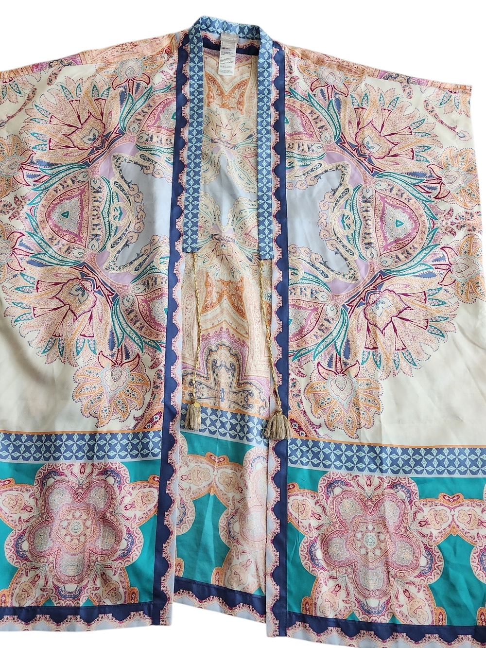 Chico’s 100% Silk Open Front Kimono Cardigan Women's S/M Multicolor Mandala Chic